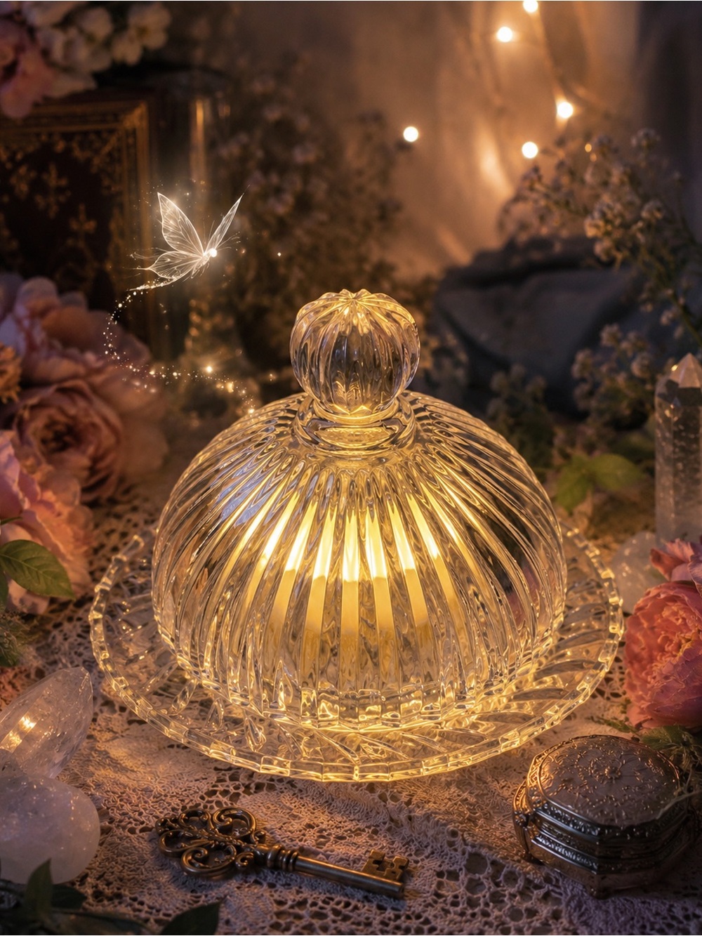 Vintage Clear Pressed Glass Butter Dish Fairy Lamp Cottagecore Glow
